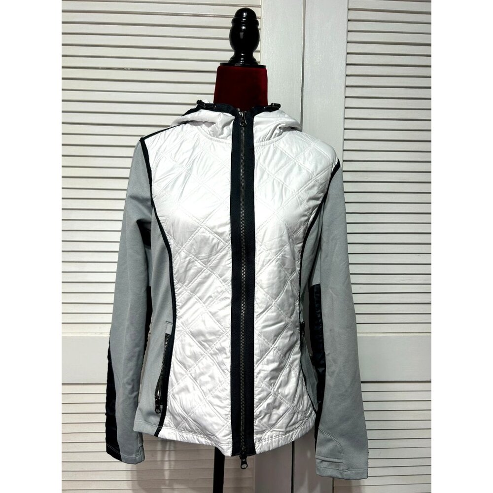 Athleta Womens White Gray Aries Quilted Hooded Running Jacket Full Zip Sz M 3225